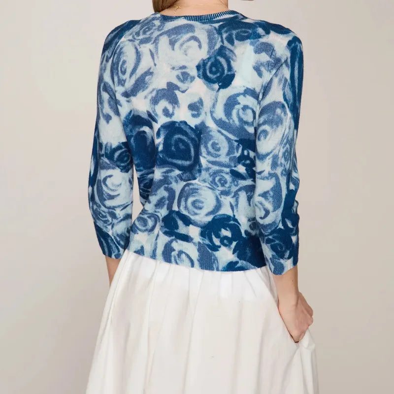 Autumn Cashmere Watercolour Rose Cardigan - Blue