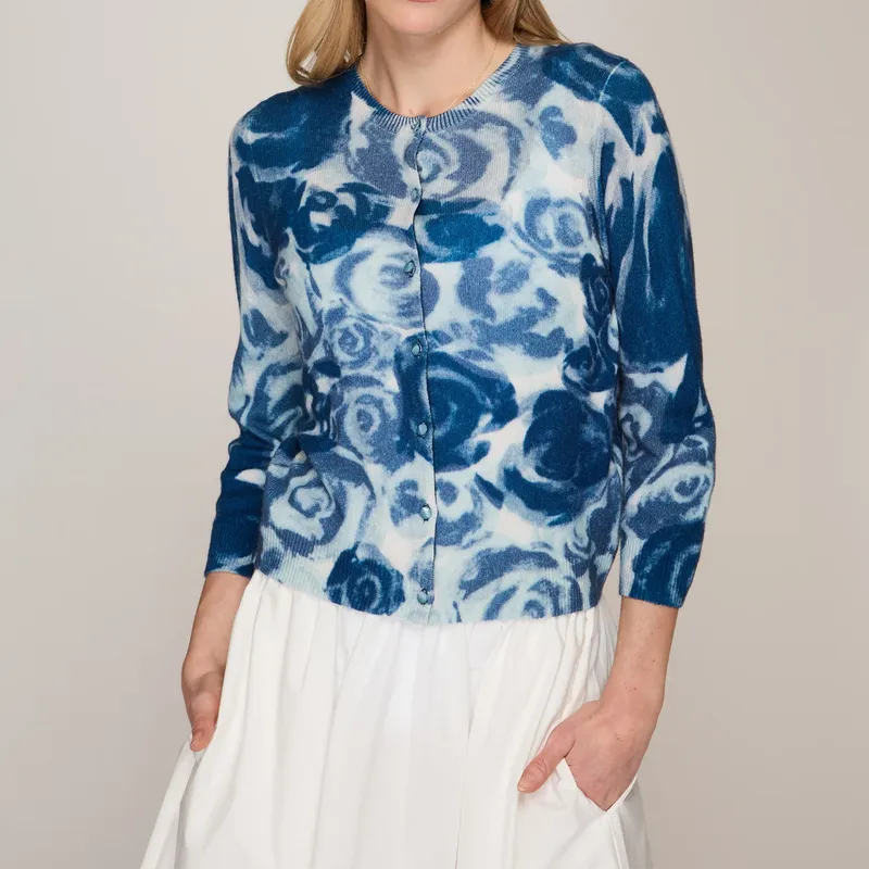 Autumn Cashmere Watercolour Rose Cardigan - Blue