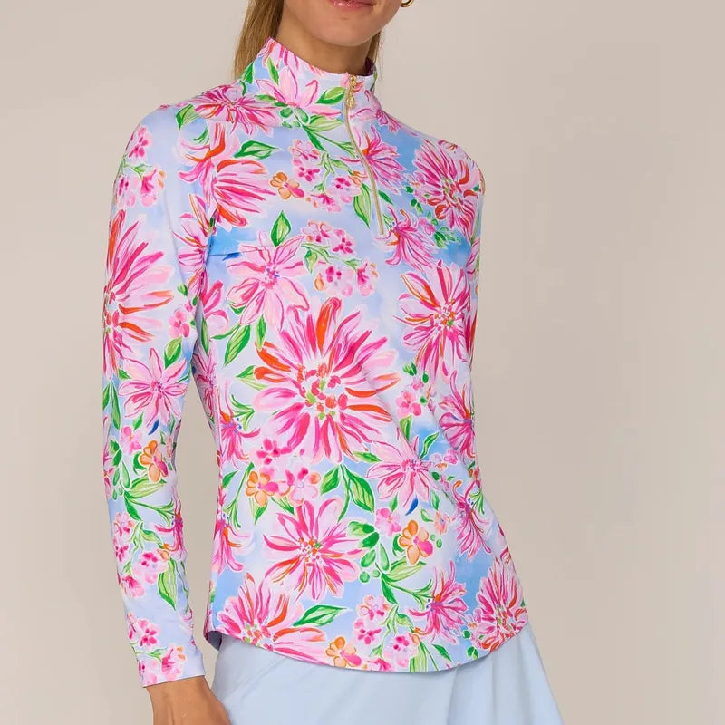 G Lifestyle L/S Zip Mock Neck Top - Pink Flower Garden