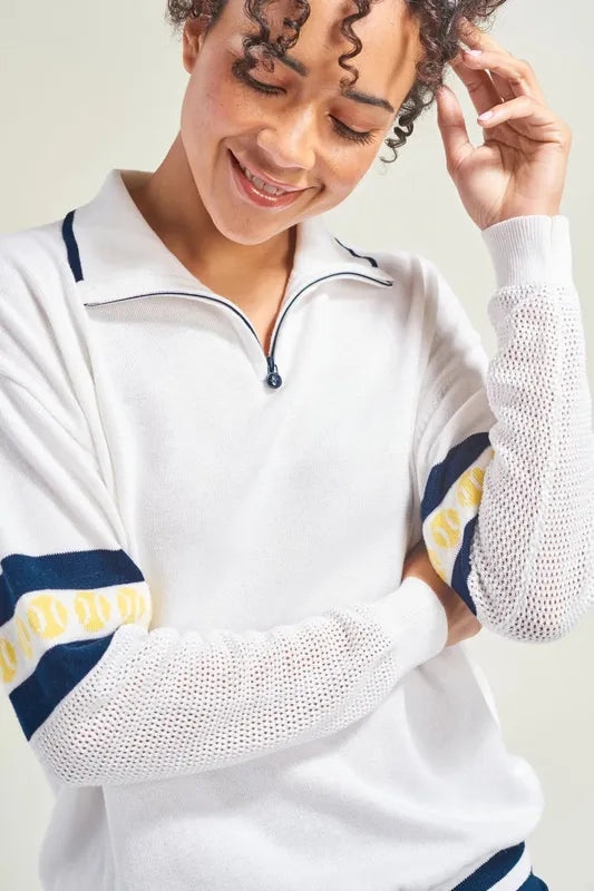 L'Oeuf Poche Ace Zip-Up Sweater - White/Navy