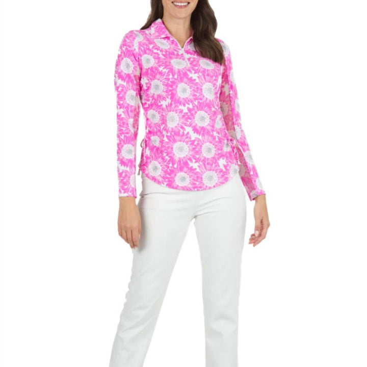 IBKUL Ruthie L/S Adjustable Polo - Hot Pink/White