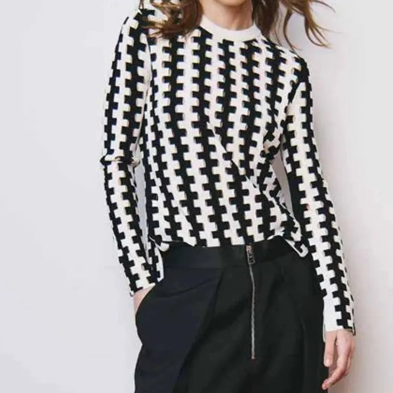 Autumn Cashmere Staircase Stitch Sweater - Black/Sand