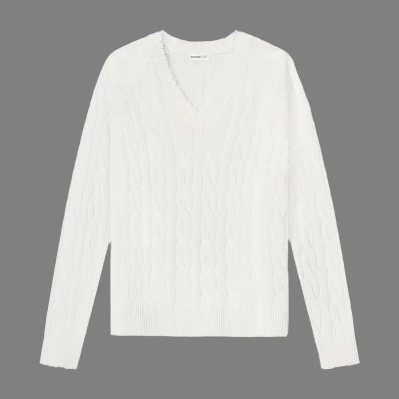 Minnie Rose Frayed Cable Sweater - White