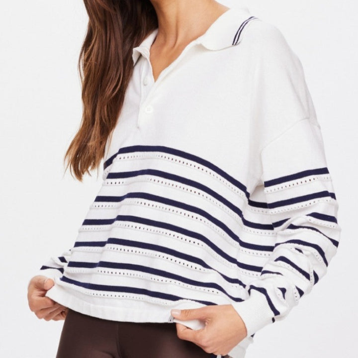 The Upside Wonder Knit L/S Polo - Off White/Stripe