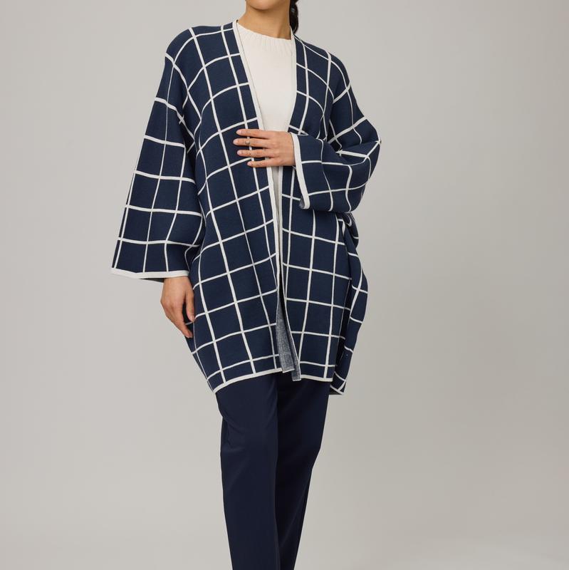 Pistache Check Knit Coat - Navy