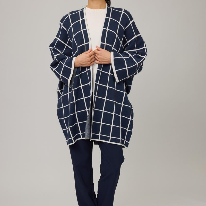 Pistache Check Knit Coat - Navy