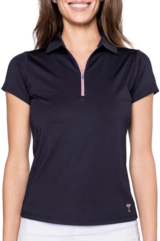 Golftini S/S Zip Tech Polo - Navy/Light Pink