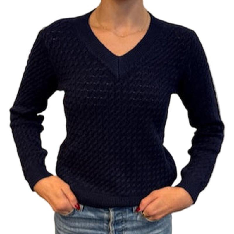 Pistache V-Neck Chain Knit Sweater - Navy