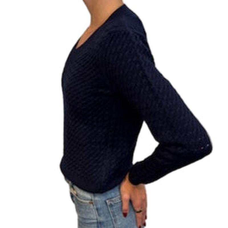Pistache V-Neck Chain Knit Sweater - Navy