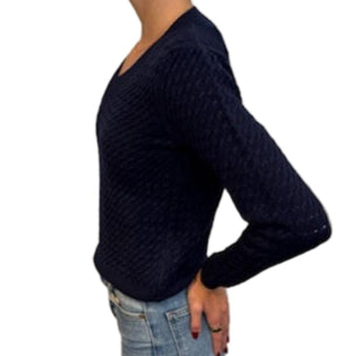 Pistache V-Neck Chain Knit Sweater - Navy