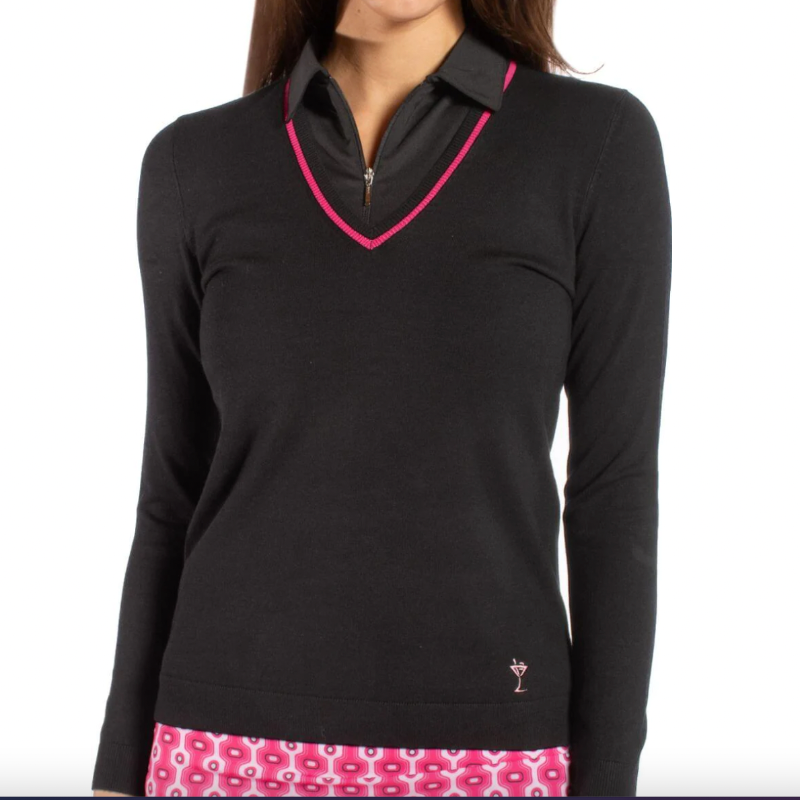 Golftini V-Neck Sweater- Black/Hot Pink