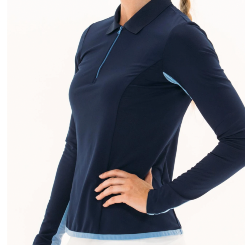 Foray Golf L/S Mesh Inset Polo - Navy/Cielo