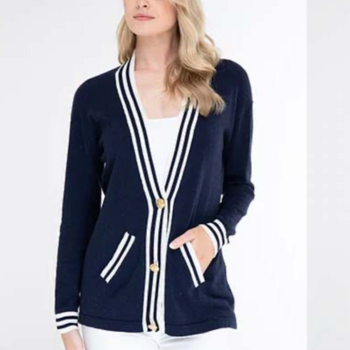 Alashan Cashmere Wimbledon Cardigan - Navy/White