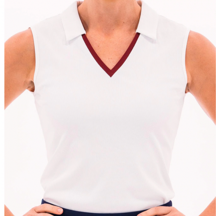 Foray Golf V-Neck S/L Polo - White/Bordeaux