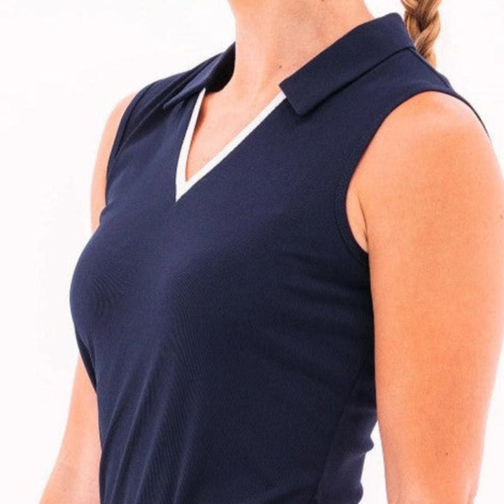 Foray Golf V-Neck S/L Polo - Navy/White